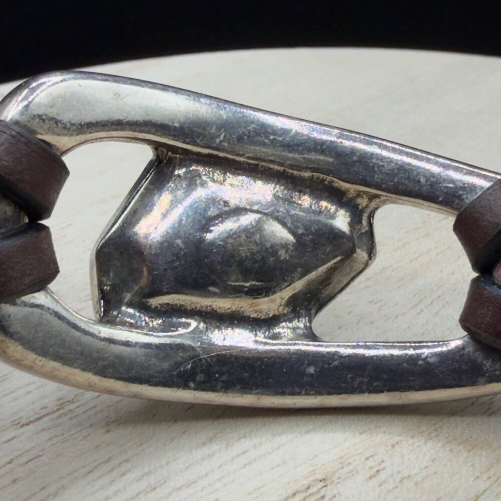 Handcrafted Leather Bracelet Silver Tone Metal Iridescent Glass Stone Magnetic - Picture 9 of 13